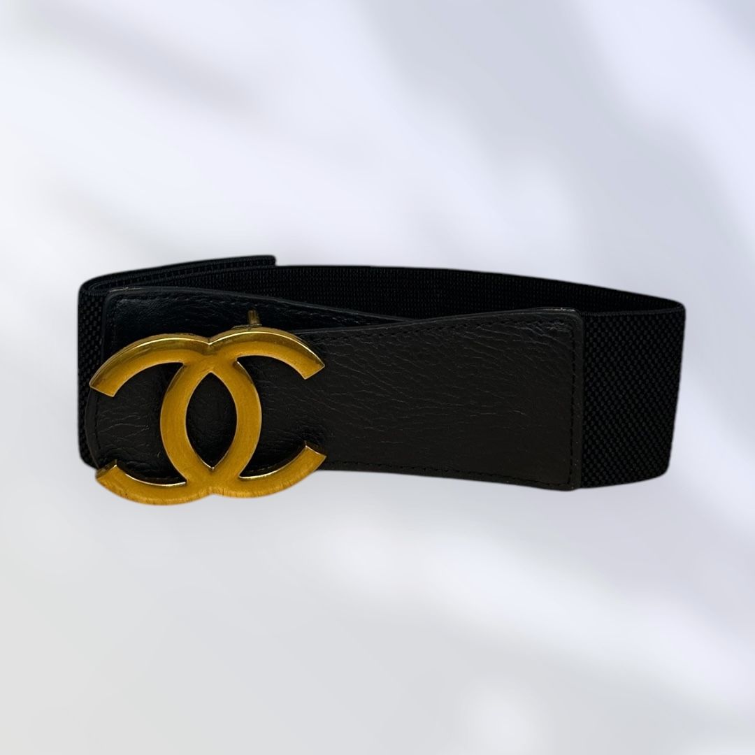 Chanel-Inspired Double C Stretch Belt – Black &amp; Gold