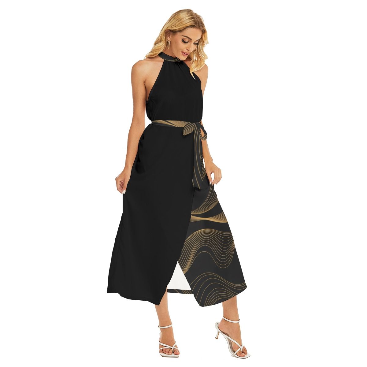 Midnight Flow Belted Halter Midi Dress