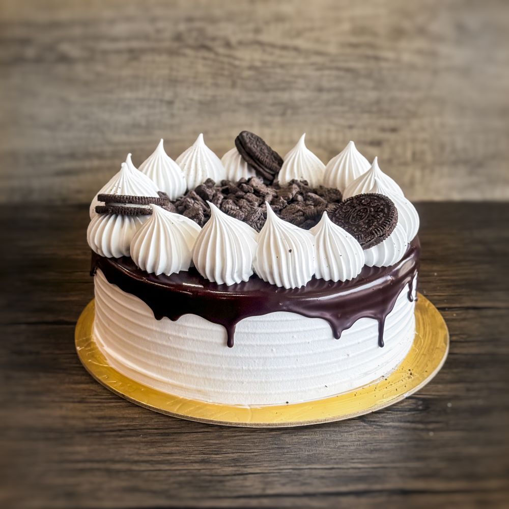 an oreo ice cream cake with chocolate sauce on top