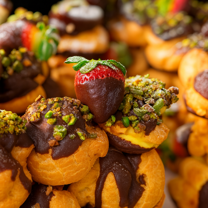profiterole number-shaped cake with pistachio and strawberries on top