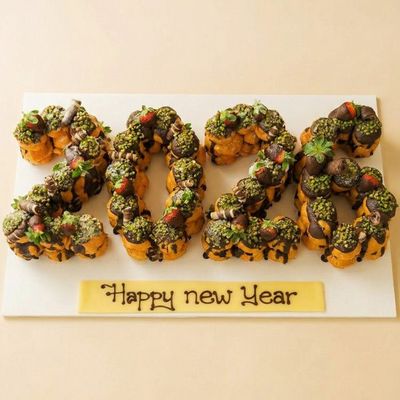 New year number 2026 profiterole cake with 'happy new year' written in chocolate below the cake