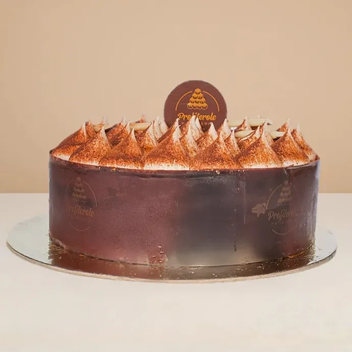 side view of the tiramisu cake showing the coffee-soaked sponge body of the cake