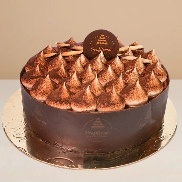 side view of the tiramisu cake showing the coffee-soaked sponge body of the cake