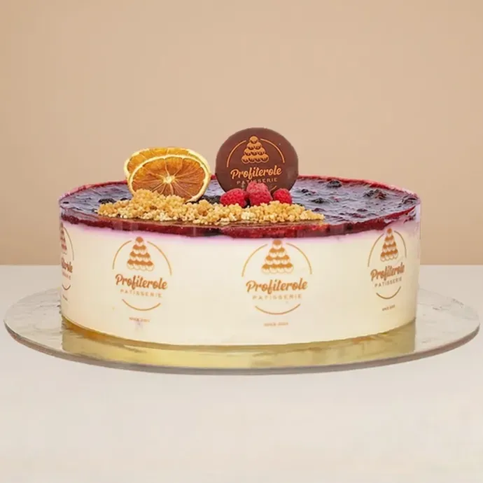 side view of blueberry cheesecake with citrus and blueberry topping