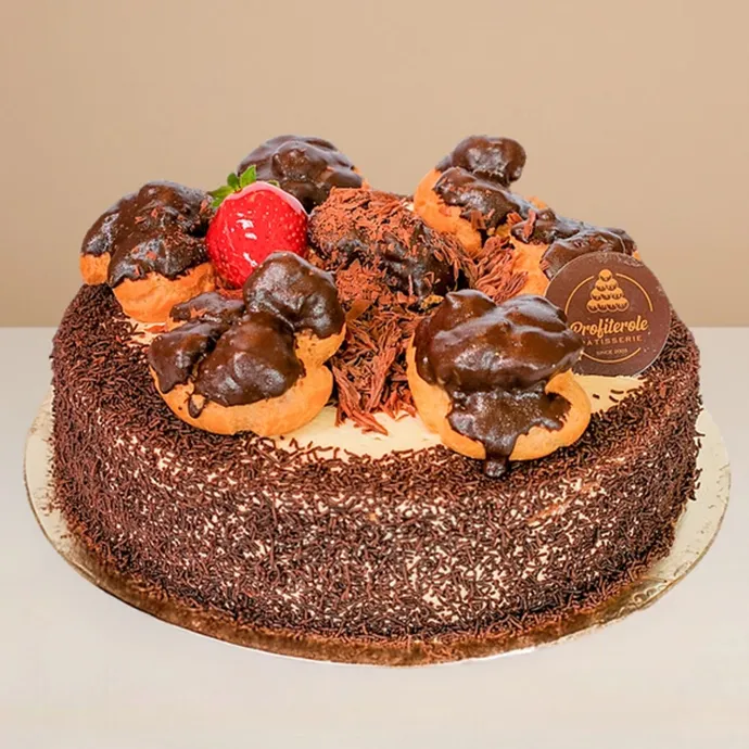 side view of chocolate profiterole cake