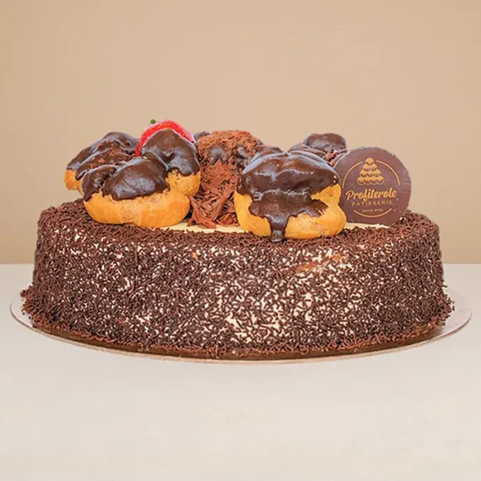 side view of chocolate profiterole cake