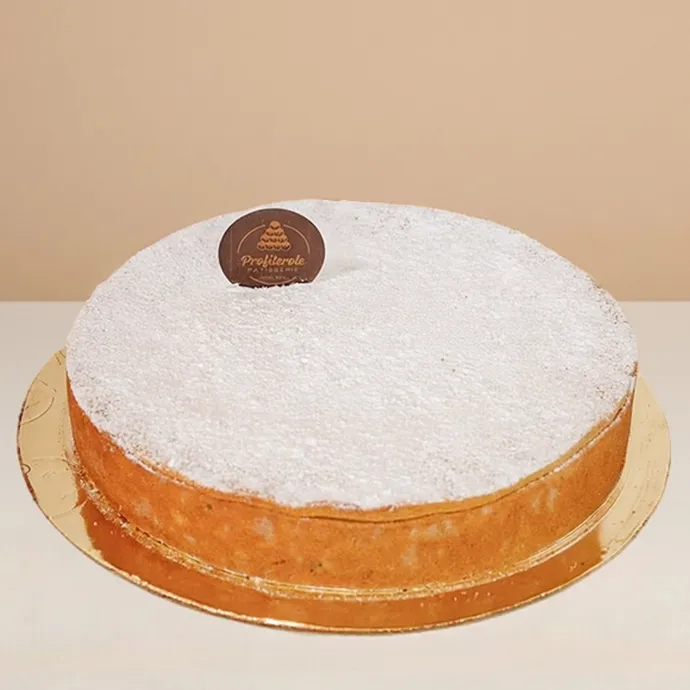 side view of a baked ricotta cheesecake topped with icing sugar