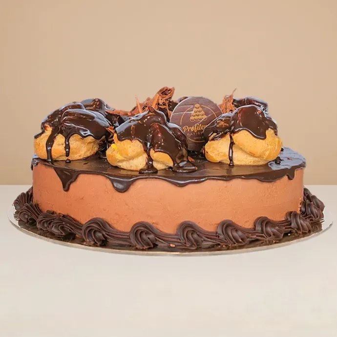 side view of the mousse profiterole cake showing the fine chocolate sponge base layer