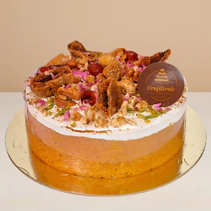 side view of the egg-less and dairy free cake of profiterole patisserie