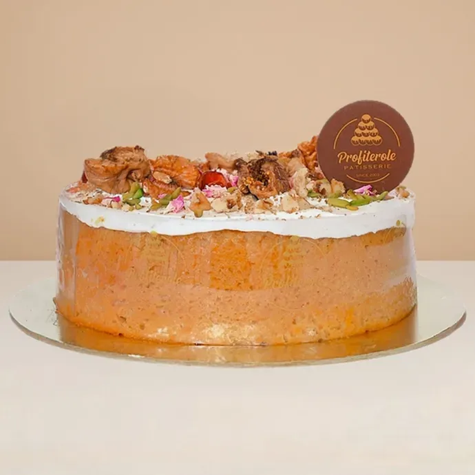 side view of the egg-less and dairy free cake of profiterole patisserie