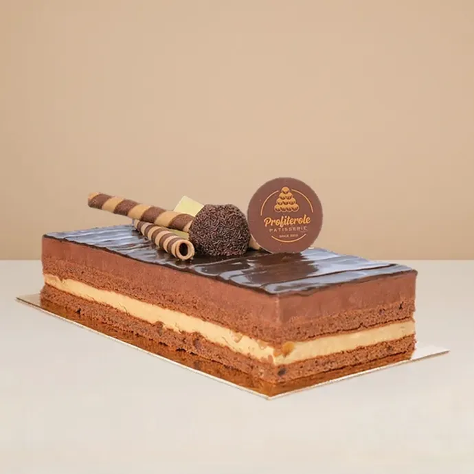 side view of the trio log cake showing its chocolate fudge, hazelnut, and chocolate mousse layers
