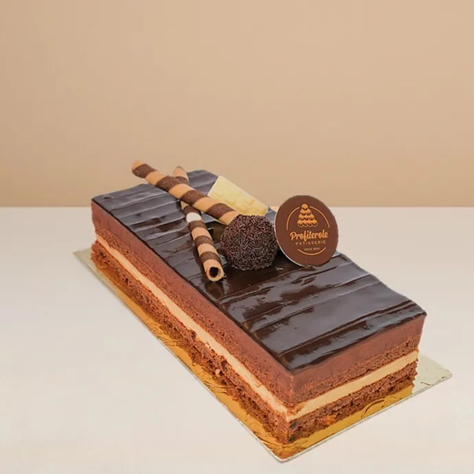 side view of the trio log cake showing its chocolate fudge, hazelnut, and chocolate mousse layers