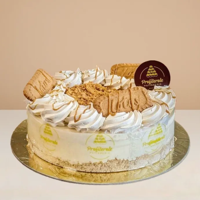 lotus biscoff cake from the side showing its creamy cheese structure on a biscuit crumble base