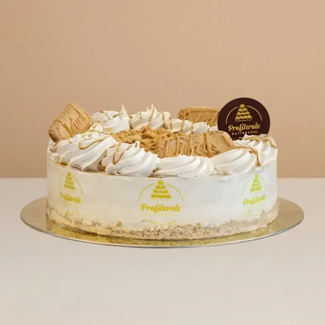 lotus biscoff cake from the side showing its creamy cheese structure on a biscuit crumble base