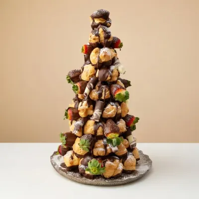 front view of the profiterole tower, each profiterole can customised with your choice dip