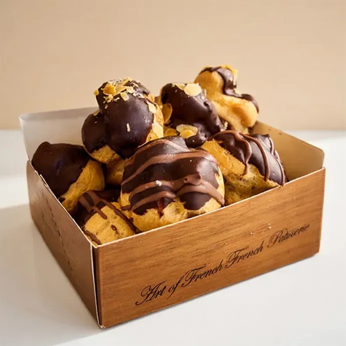 a box of choux pasty called profiteroles, can be availed with different toppings