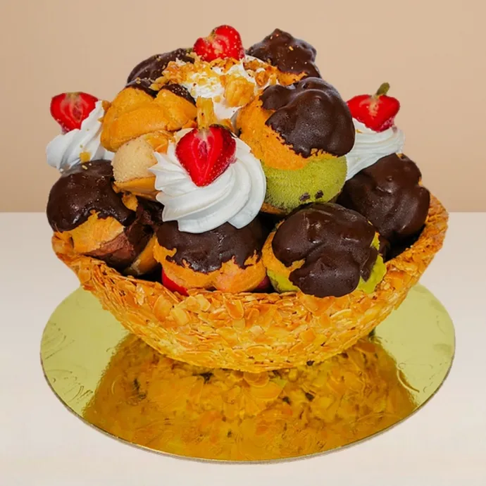 side view of the 17-piece profiterole ice cream cake showing the huge shortbread bowl of the 17 gelato-filled profiteroles