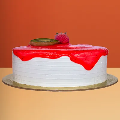 Round Ice Cream Cake - Strawberry Sauce Round ice cream cake with pink strawberry sauce drip decorated w/ a kiwi slice and fresh strawberry by Profiterole Patisserie