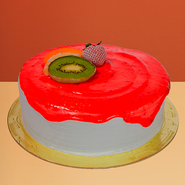 Round ice cream cake with pink strawberry sauce drip decorated w/ a kiwi slice and fresh strawberry by Profiterole Patisserie