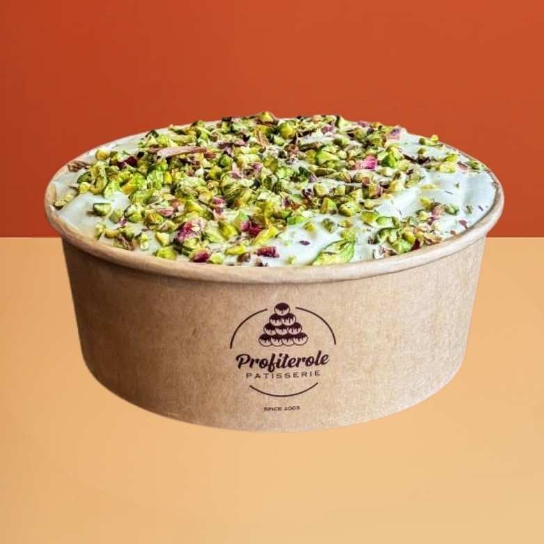 Ashta ice cream with pistachios and rose petals in a Profiterole Patisserie cup