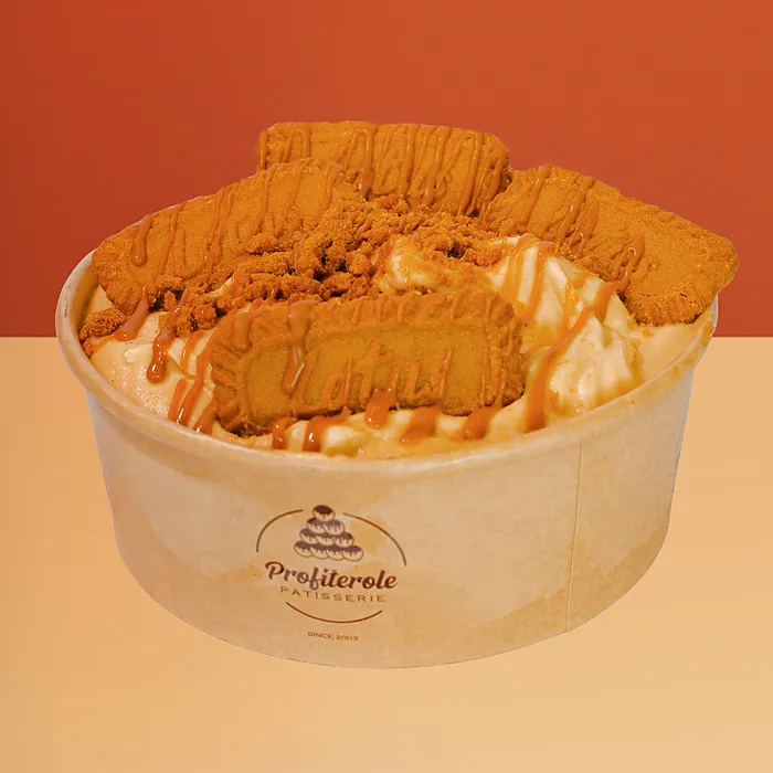 Lotus Biscoff ice cream bowl with Biscoff biscuits caramel sauce & mixed gelato in a pastry basket by Profiterole Patisserie