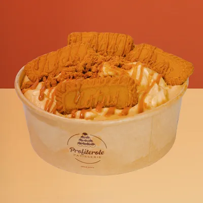Lotus Biscoff ice cream bowl with Biscoff biscuits caramel sauce & mixed gelato in a pastry basket by Profiterole Patisserie