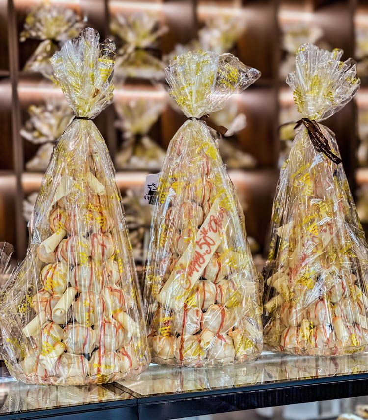 White chocolate profiterole tower wrapped and ready for a birthday party