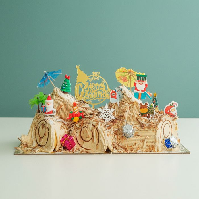 a traditional hazelnut praline christmas log cake with christmas decorations and santa