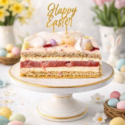 Strawberry lychee blossom Easter cake with almond sponge, vanilla mousse, strawberry lychee coulis, and rose blossom mousse.