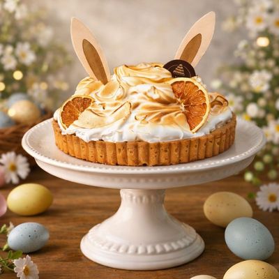 Lemon meringue bunny tart with shortbread base, tangy lemon curd filling, and fluffy French vanilla meringue topping.