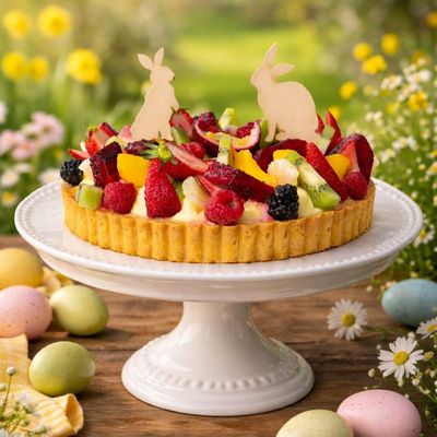 Easter cake Exotic fruit tart with shortbread base, creamy custard filling, and topped with colourful seasonal exotic fruits.