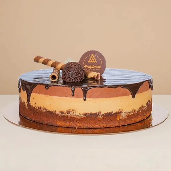 side view of the trio round cake showing its chocolate fudge, hazelnut, and chocolate mousse layers