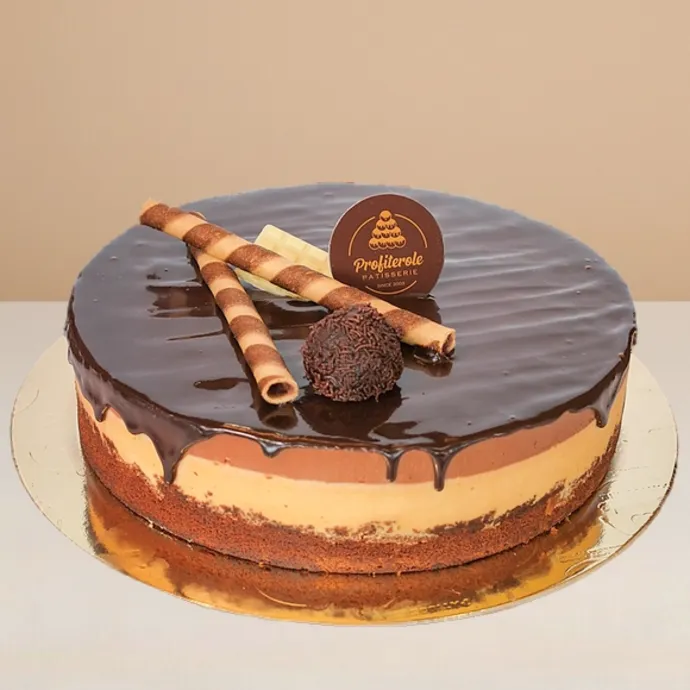 side view of the trio round cake showing its chocolate fudge, hazelnut, and chocolate mousse layers