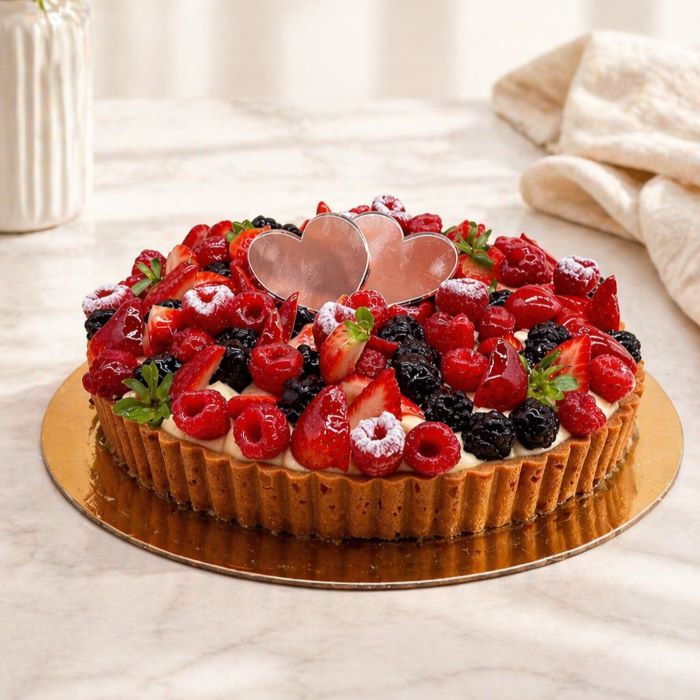 Mixed berries tart with a golden shortbread base, filled with creamy custard and topped with fresh strawberries, raspberries.