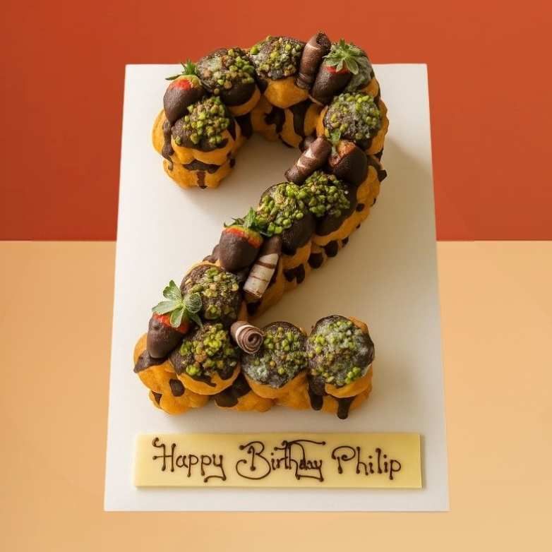 Profiterole number 2 birthday cake with chocolate, pistachios, and strawberries