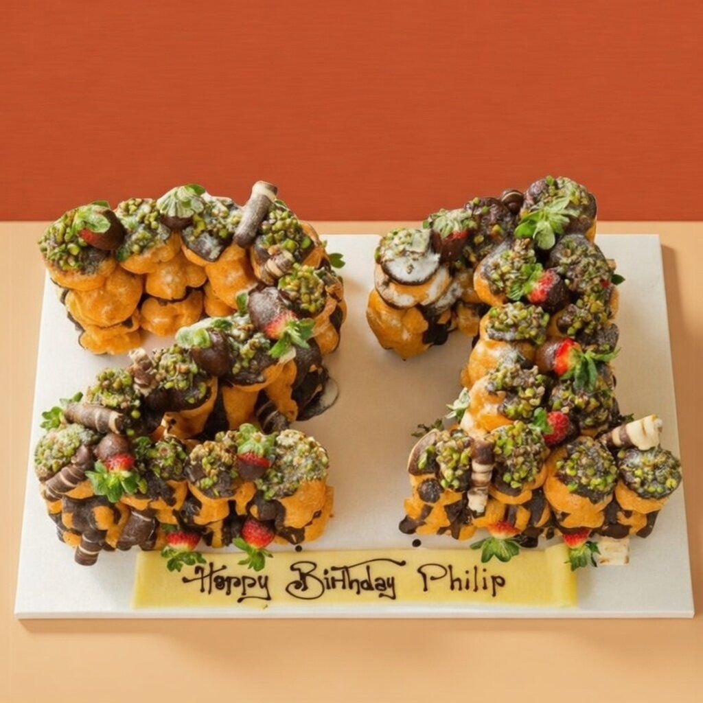 Profiterole number 21 birthday cake with chocolate, pistachios, and strawberries
