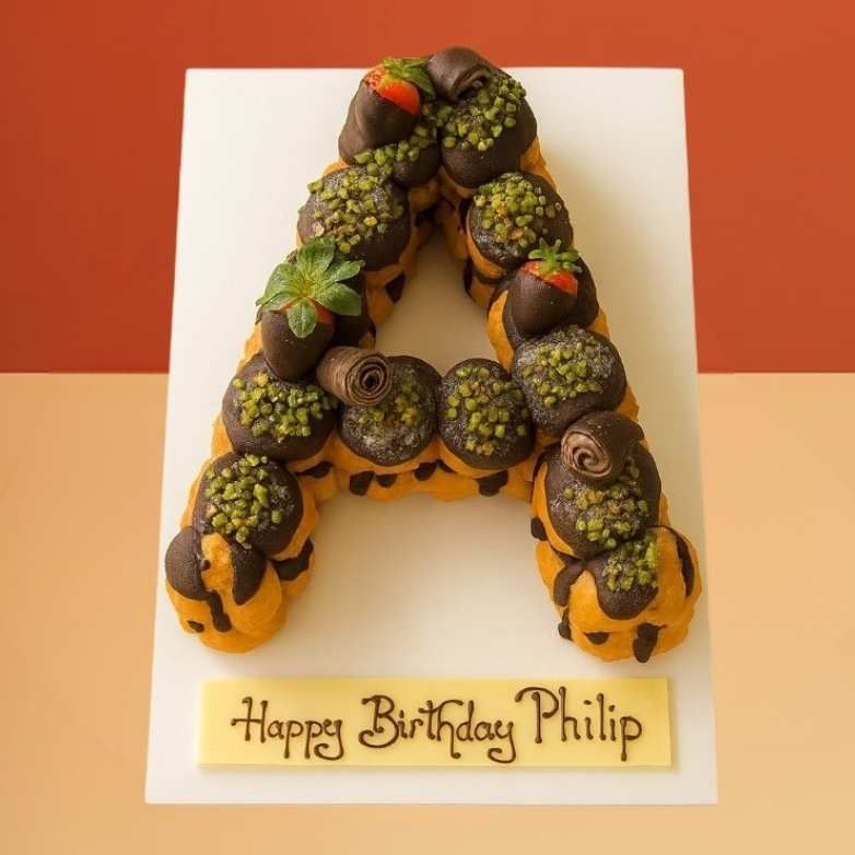 Profiterole Single Letter Cake Profiterole letter cake shaped as A with chocolate, pistachios and strawberries