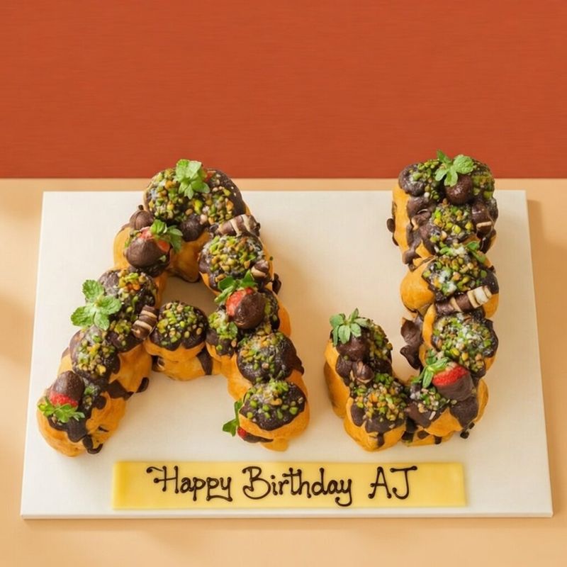 Profiterole Double Letters Cake Profiterole letter cake shaped as AJ with chocolate, pistachios, and strawberries