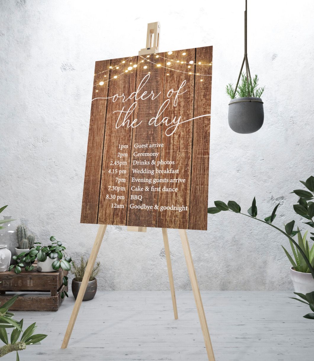 Rustic Wood And Lights Order Of The Day Sign On Foam board