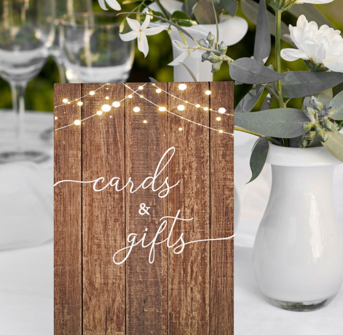 Rustic Wood And Lights Cards And Gifts Sign On Foam board