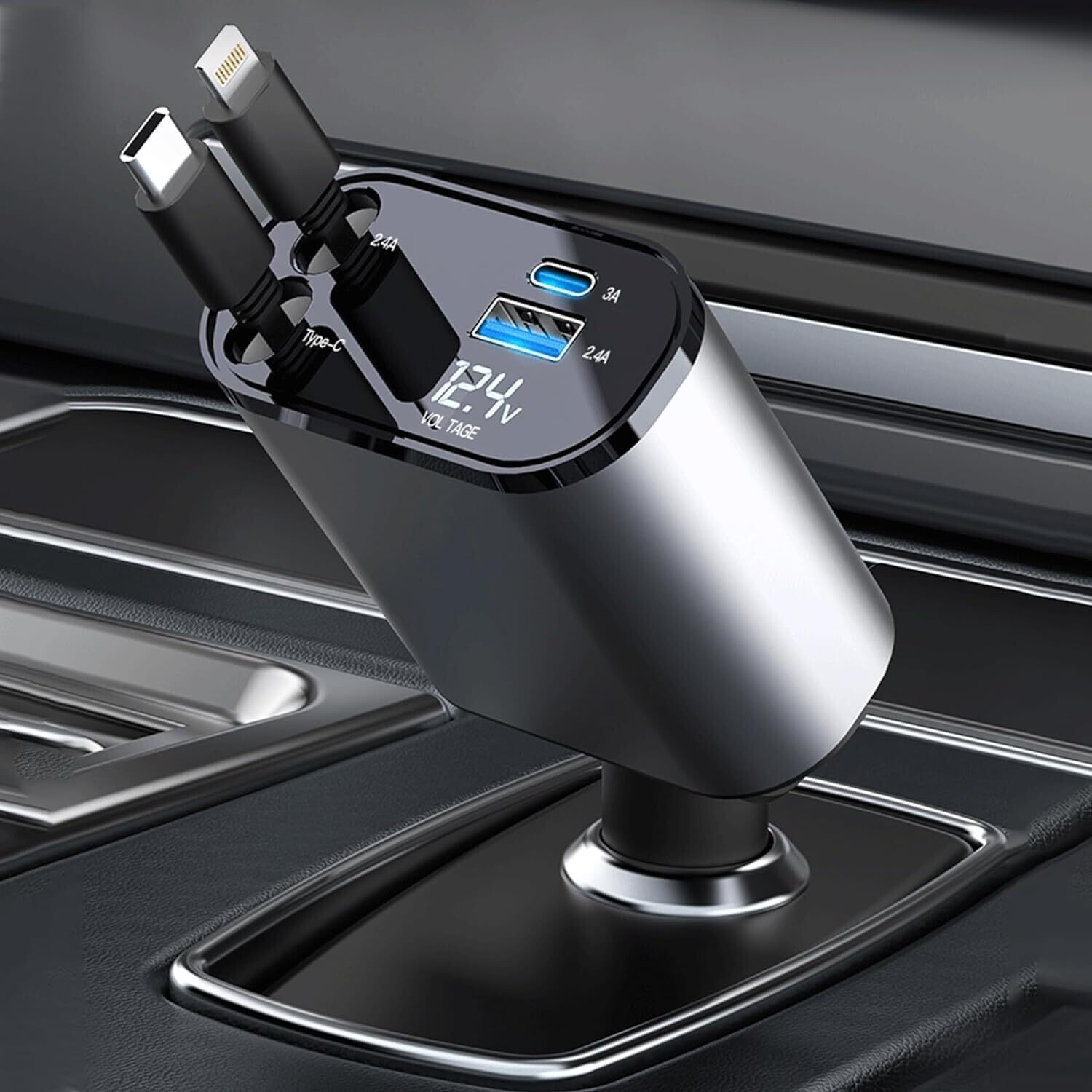 Blazing Retractable Car Charger, 100W 4 in 1 Super Fast Charge Car Phone Charger, Retractable Cables