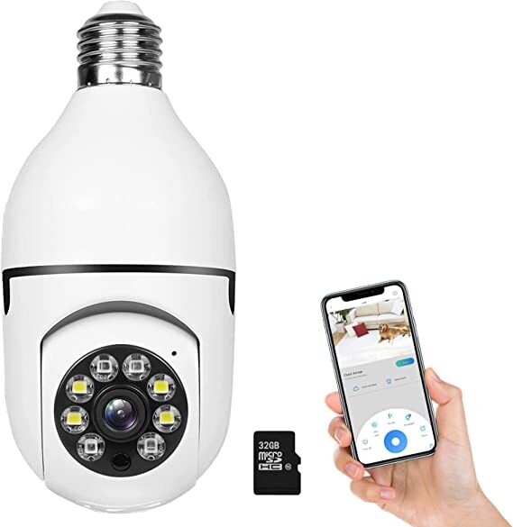 Caméra de surveillance 360°, Full HD 1080p, caméra à ampoule WiFi 2,4 GHz avec carte SD 32 Go, vision nocturne, détection de mouvement,