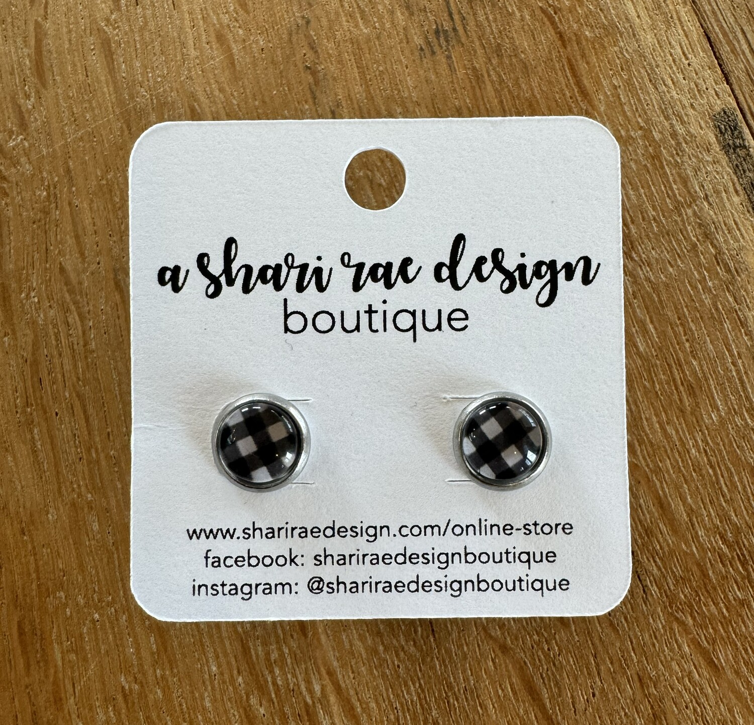Small Black &amp; White Buffalo Plaid Dome Circle Studs 8mm