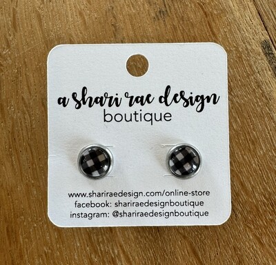 Small Black &amp; White Buffalo Plaid Dome Circle Studs 8mm