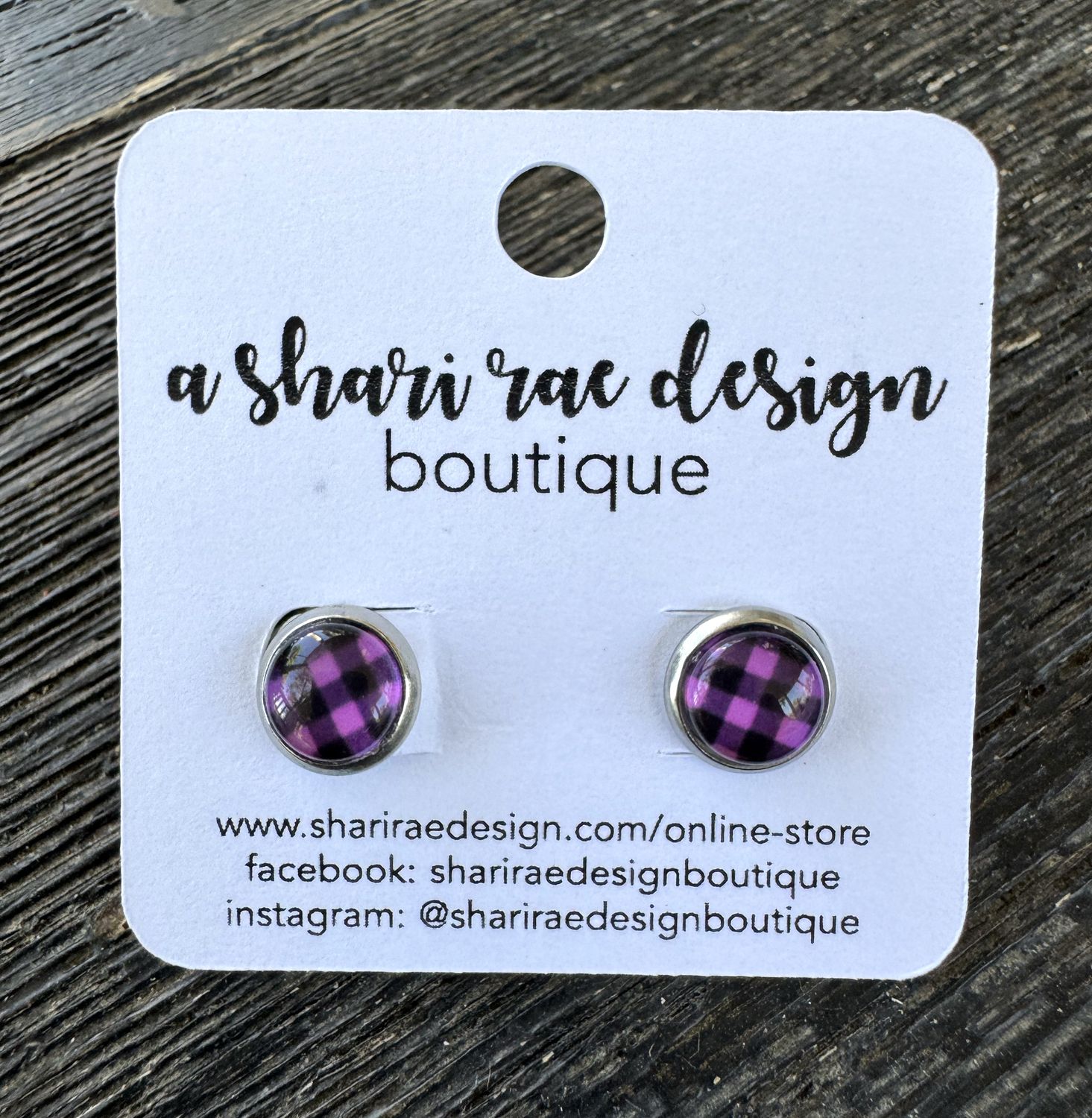 Small Purple &amp; Black Buffalo Plaid Dome Circle Studs 8mm