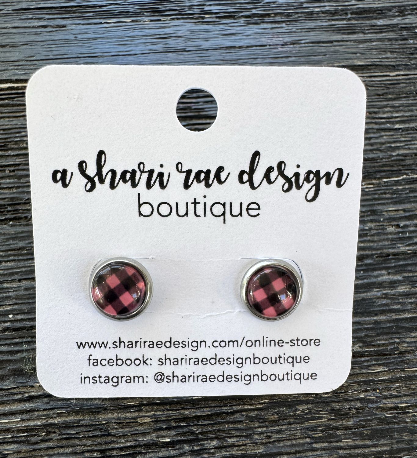 Small Pink &amp; Black Buffalo Plaid Dome Circle Studs 8mm