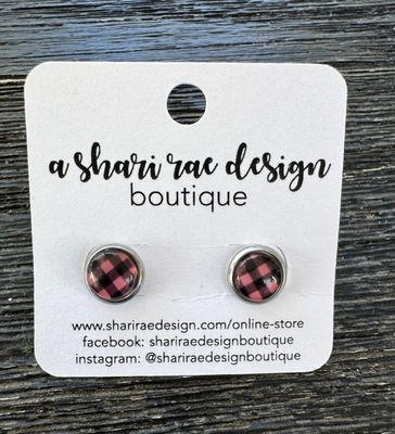 Small Pink &amp; Black Buffalo Plaid Dome Circle Studs 8mm
