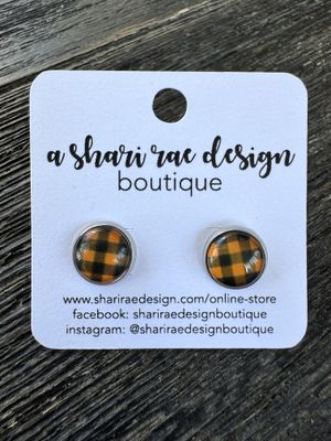 Orange &amp; Black Buffalo Plaid Dome Circle Studs 10mm