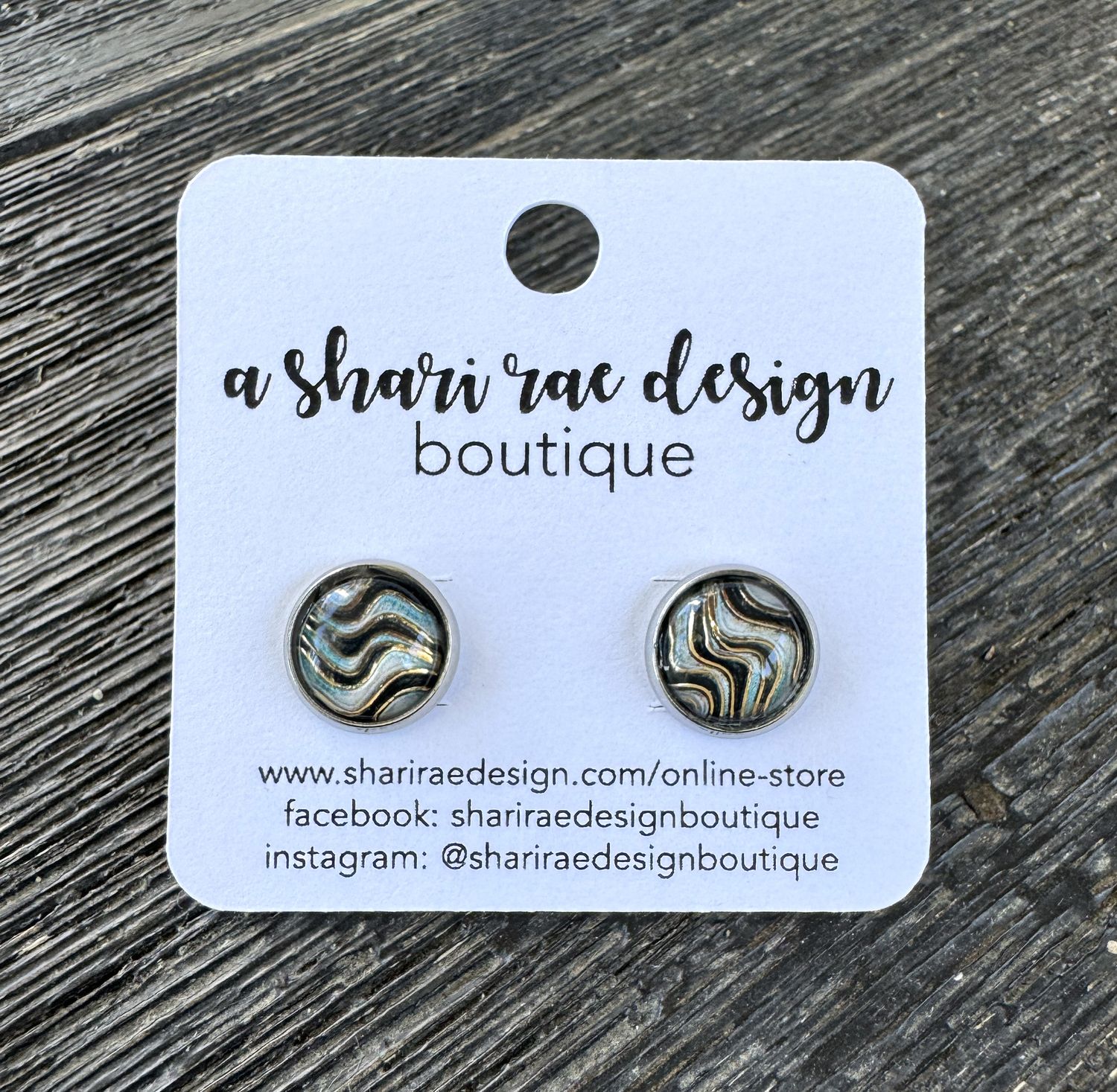 Blue &amp; Black Ocean Wave Swirl Dome Circle Studs 10mm