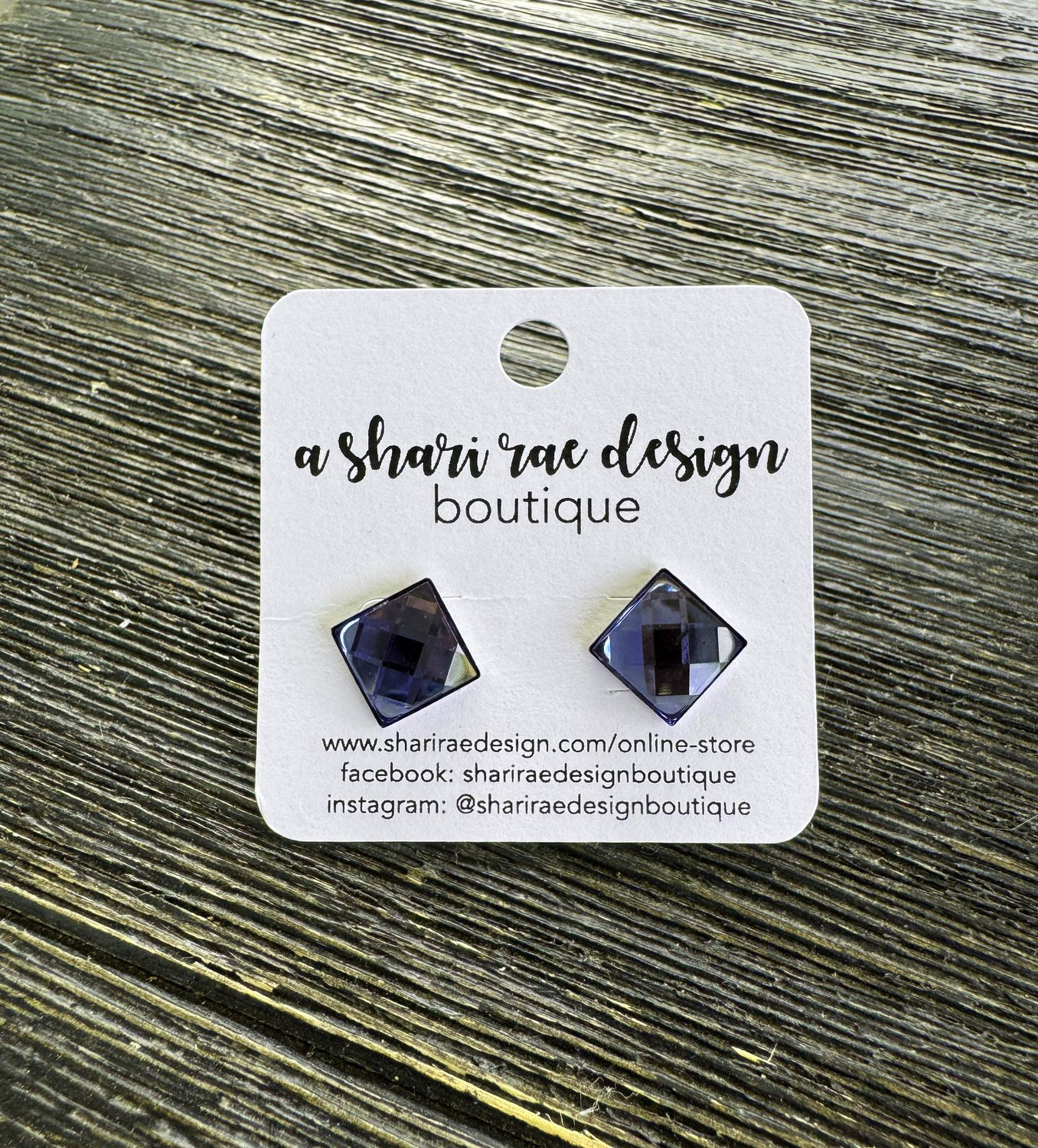 Navy Blue Glass Shiny Square Studs 12mm